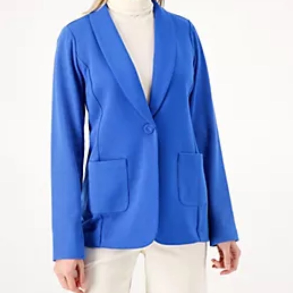 Susan Graver French Terry knit Royal Blue Shawl Collar Blazer Sz M boyfriend